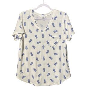Creneau Soft Blue Pineapple Short Sleeve V Neck T- Shirt With Front Pocket Large